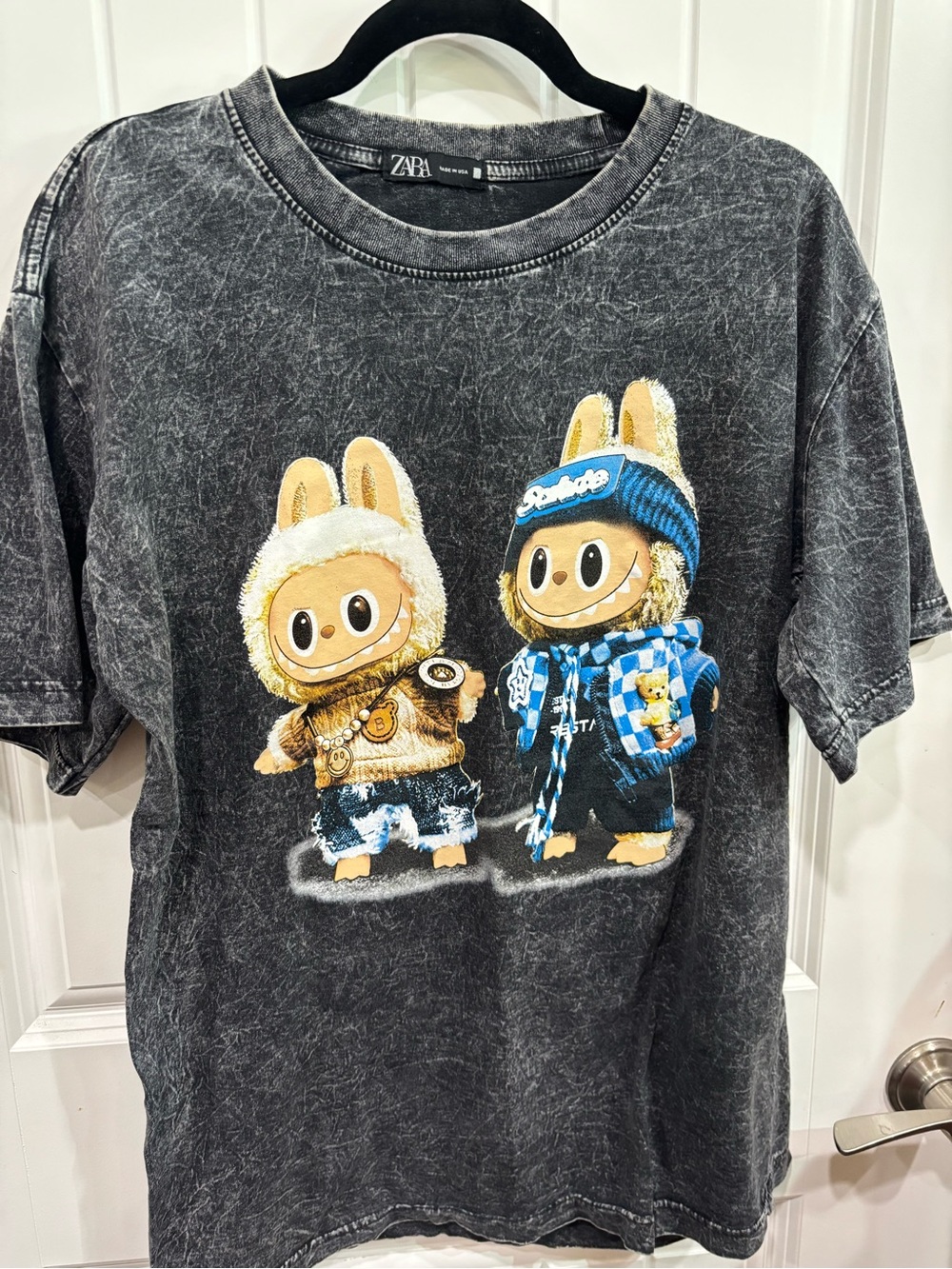 Zara Black Mineral-Wash Tee with Bunny Duo Graphic